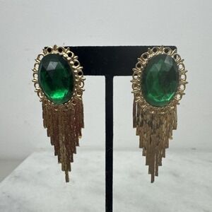 Green Acrylic Rhinestone Silver Tone Cobra Link Chain Fringe Pierced Earrings 3"